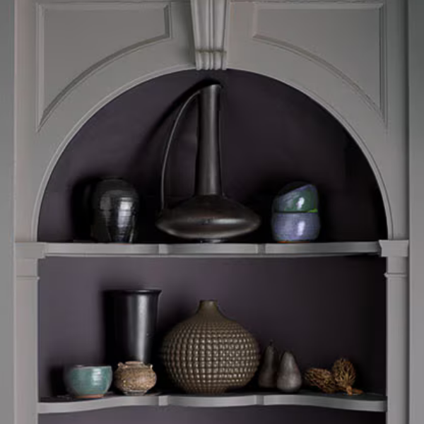 A built-in shelf display painted in Benjamin Moore Affinity Color Collection colors