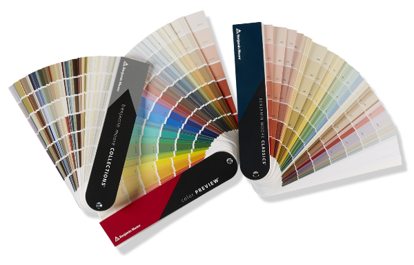 Benjamin Moore color fan deck displaying Historical, Color Preview, and Benjamin Moore Classics color collections paint samples
