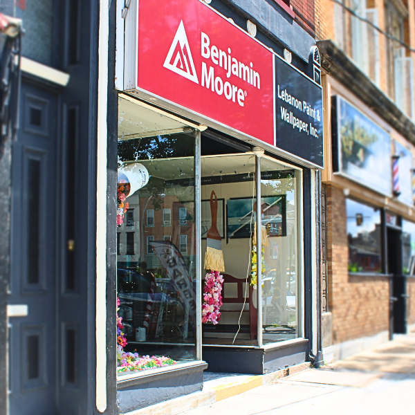 Exterior view of Lebanon Paint & Wallpaper store in Lebanon, PA featuring Benjamin Moore paint signage