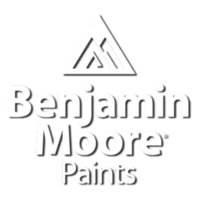 A white Benjamin Moore Paints white logo with drop shadow