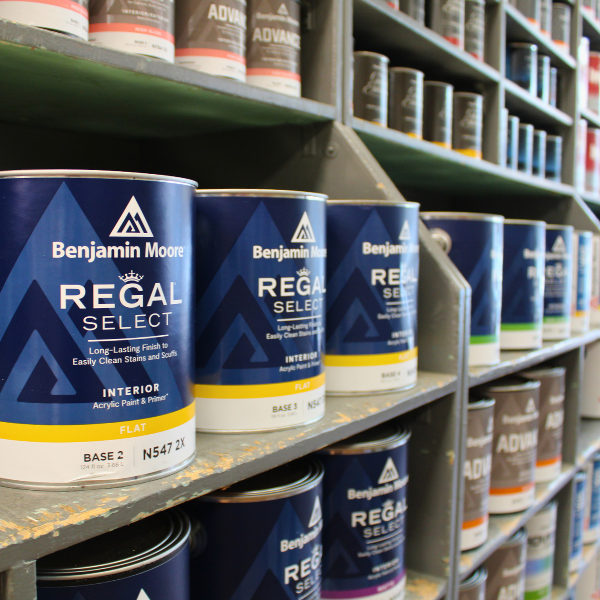 Close-up of Benjamin Moore Regal Select paint gallons available at Lebanon Paint and Wallpaper