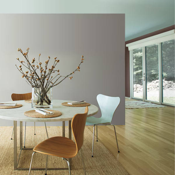 An open-concept dining room painted in Benjamin Moore Affinity colors, available at Lebanon Paint & Wallpaper in Lebanon, PA