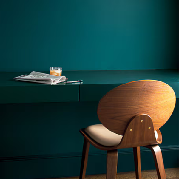 A moody teal wall and counter painted in Benjamin Moore Color Preview colors, available at Lebanon Paint & Wallpaper