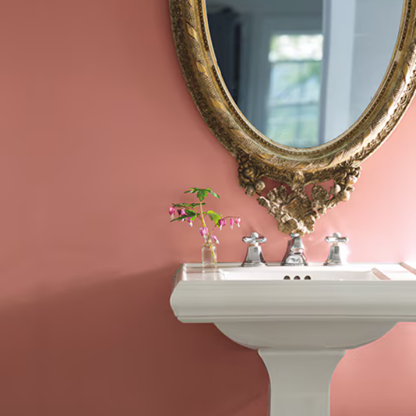 A classy, traditional bathroom wall painted in Benjamin Moore Color Preview Collection paint